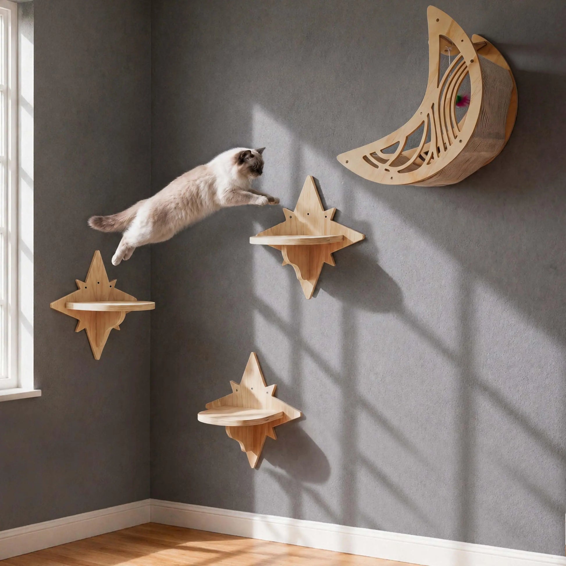 Moon & Star Cat Wall Shelves, Modern Wooden Cat Furniture with Decorative Cutouts, Space-Saving Cat Climbing System & Floating Perch for Indoor Cats